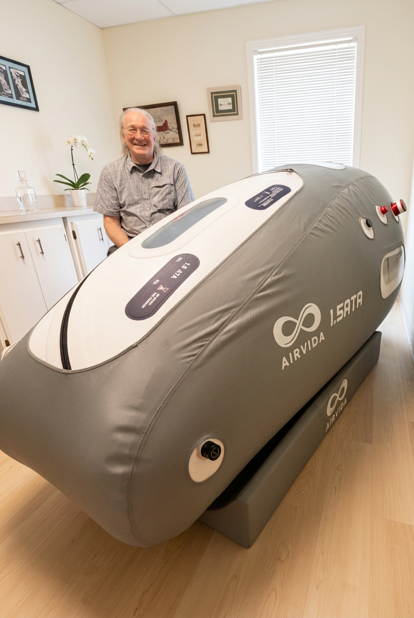 Hyperbaric oxygen chamber session with a client resting inside