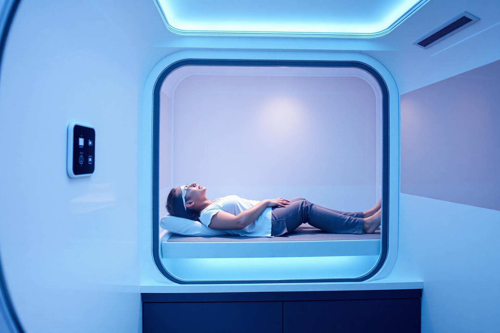 Client relaxing inside a modern hyperbaric oxygen chamber at the Bellevue clinic